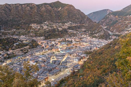 Andorra la Vella, Andorra : 2020 October 30 : Cityscape on the Sunset in Andorra La Vella,  capital of Andorra in Autumn