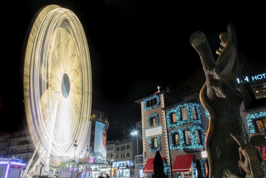 Andorra la Vella, Andorra : 2020 October 30 : Ferris wheel in the City of Andorra La Vella, capital of Andorra in the Pyrenees in autumn 2020.