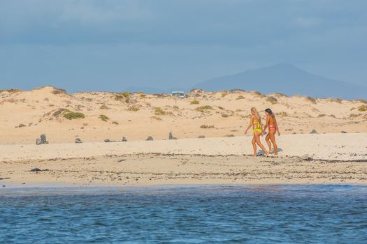 Fuerteventura, Spain : 2020 October 2 : Blonde Woman in the pratic Kite Surf in the Playas de los Charcos in El Cotillo on Fuerteventura in summer 2020.