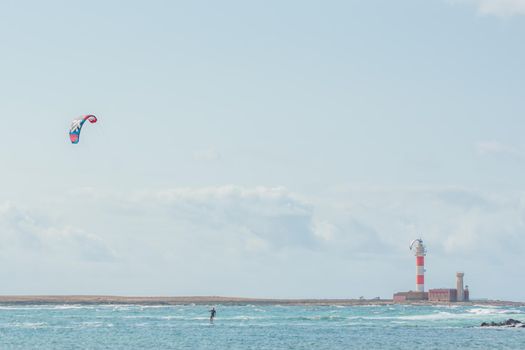 Fuerteventura, Spain : 2020 October 2 : Men in the pratic Kite Surf in the Playas de los Charcos in El Cotillo on Fuerteventura in summer 2020.