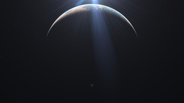 sunrise from planet orbit, 3d render illustration