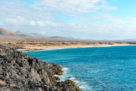Coast in Fuerteventura at El Cotillo in the Canary Islands, Spain.
