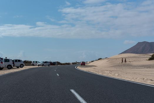 Corralejo, Fuerteventura, Spain: 2020 September 30: Amateur people learning to suffer in the Parque Natual Dunas de Corralejo in Fuerteventura in the Canary Islands in Spain.