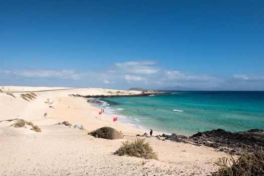 Corralejo, Fuerteventura, Spain: 2020 September 30: Amateur people learning to suffer in the Parque Natual Dunas de Corralejo in Fuerteventura in the Canary Islands in Spain.
