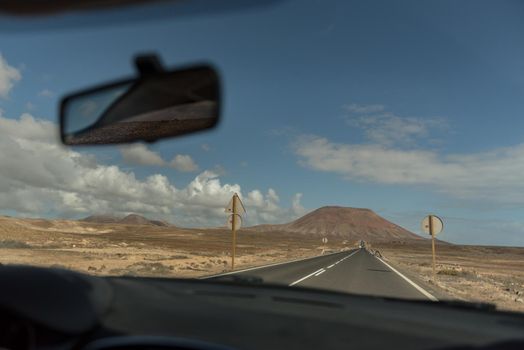 Corralejo, Fuerteventura, Spain: 2020 October 30: Inside the Rental car in the Dunas de Corralejo Natural Park in Fuerteventura, Spain in the fall of 2020.