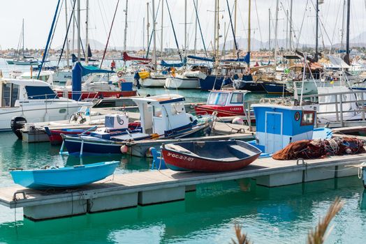 Corralejo, Fuerteventura, Spain: 2020 September 30: Sunny day in the port of Corralejo in Fuerteventura on the Canary Islands in Spain.