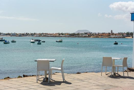 Corralejo, Fuerteventura, Spain: 2020 September 30: Sunny day in the port of Corralejo in Fuerteventura on the Canary Islands in Spain.