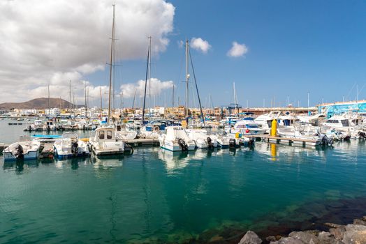 Corralejo, Fuerteventura, Spain: 2020 September 30: Sunny day in the port of Corralejo in Fuerteventura on the Canary Islands in Spain.