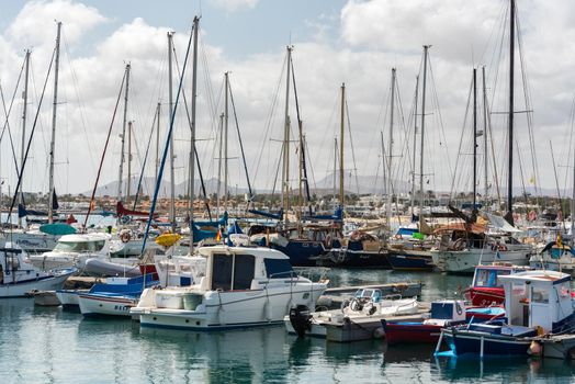 Corralejo, Fuerteventura, Spain: 2020 September 30: Sunny day in the port of Corralejo in Fuerteventura on the Canary Islands in Spain.
