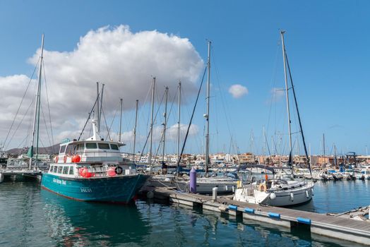 Corralejo, Fuerteventura, Spain: 2020 September 30: Ferry Lobos in the port of Corralejo in Fuerteventura on The Canary Islands in Spain.