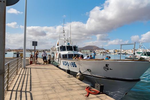 Corralejo, Fuerteventura, Spain: 2020 September 30: Ferry Lobos in the port of Corralejo in Fuerteventura on The Canary Islands in Spain.