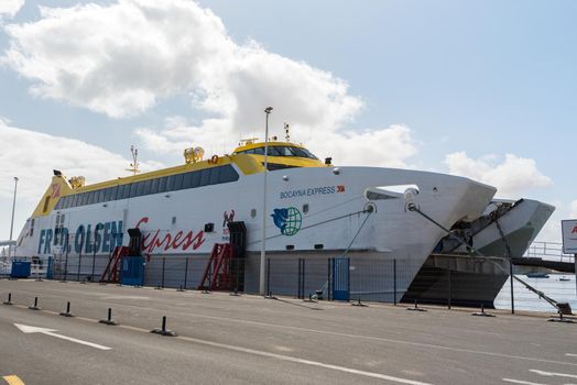 Corralejo, Fuerteventura, Spain: 2020 September 30: Ferry Fred Olsen in the port of Corralejo in Fuerteventura in the Canary Islands in Spain.