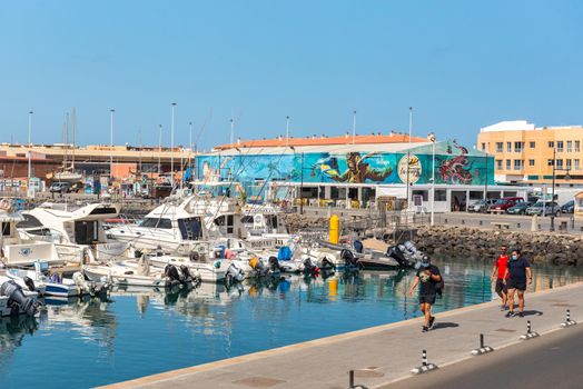 Corralejo, Fuerteventura, Spain: 2020 September 30: Sunny day in the port of Corralejo in Fuerteventura on the Canary Islands in Spain.
