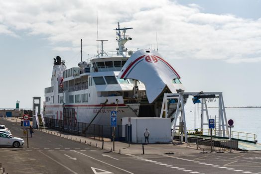 Corralejo, Fuerteventura, Spain: 2020 September 30: Ferry Armas in the port of Corralejo in Fuerteventura on The Canary Islands in Spain.