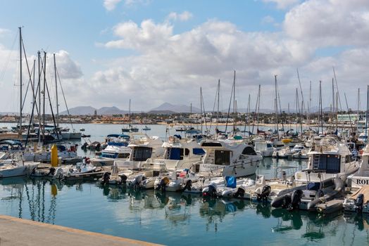 Corralejo, Fuerteventura, Spain: 2020 September 30: Sunny day in the port of Corralejo in Fuerteventura on the Canary Islands in Spain.