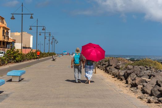 Corralejo, Fuerteventura, Spain: 2020 September 30: Sunny day on the promenade Bristol of Corralejo in Fuerteventura on the Canary Islands in Spain.