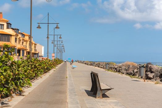 Corralejo, Fuerteventura, Spain: 2020 September 30: Sunny day on the promenade Bristol of Corralejo in Fuerteventura on the Canary Islands in Spain.