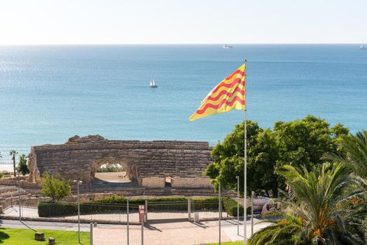 Tarragona, Spain : 2020 September 27: Sunny day in Tarragona Amphitheatre in Spain - A UNESCO World Heritage Site in summer.