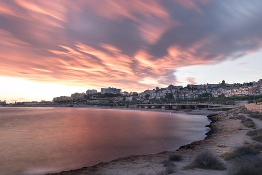Beautiful sunny sunset in the city of Tarragona, in Catalonia, Spain in the summer of 2020.