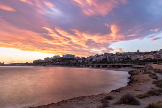 Beautiful sunny sunset in the city of Tarragona, in Catalonia, Spain in the summer of 2020.