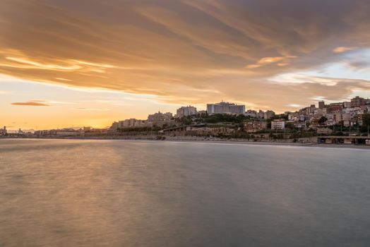 Beautiful sunny sunset in the city of Tarragona, in Catalonia, Spain in the summer of 2020.