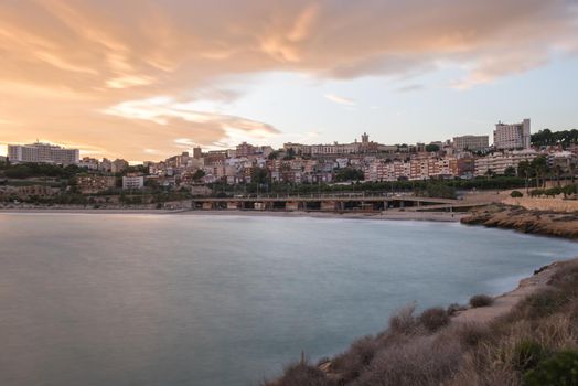 Beautiful sunny sunset in the city of Tarragona, in Catalonia, Spain in the summer of 2020.