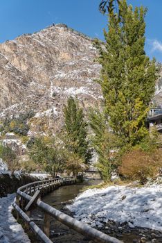 Beautiful sunny sunrise in the town of Canillo in Andorra above the Pyrenees