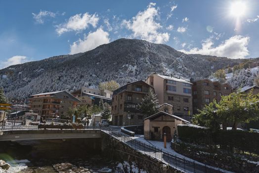 Canillo, Andorra : 2019 February 01 : Snowy sunrise in the town of Canillo in Winter. Canillo, Andorra