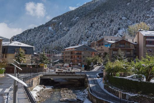 Canillo, Andorra : 2019 February 01 : Snowy sunrise in the town of Canillo in Winter. Canillo, Andorra