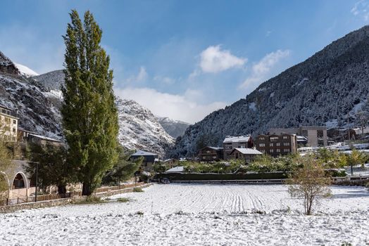 Canillo, Andorra : 2019 February 01 : Snowy sunrise in the town of Canillo in Winter. Canillo, Andorra