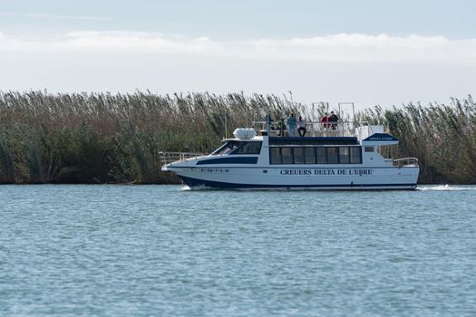 Ebro Delta, Spain: 2020 September: Boat Tour on the Ebro River in summer in the port.