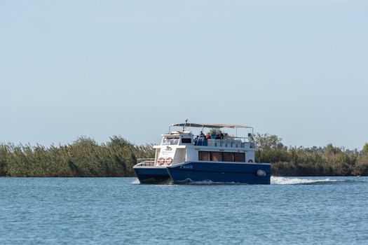 Ebro Delta, Spain: 2020 September: Boat Tour on the Ebro River in summer in the port.