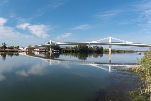 Sant Jaume d Enveja new bridge Lo Passador over Ebro river Ebro Delta, Tarragona, Catalonia, Spain.