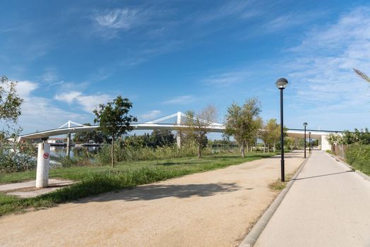 Sant Jaume d Enveja new bridge Lo Passador over Ebro river Ebro Delta, Tarragona, Catalonia, Spain.