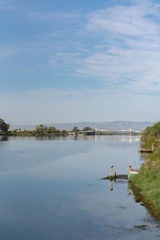 Sant Jaume d Enveja new bridge Lo Passador over Ebro river Ebro Delta, Tarragona, Catalonia, Spain.