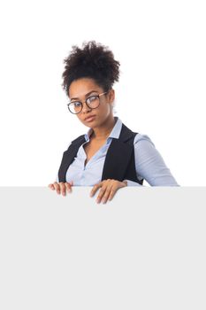 Ethnic black business woman in formal wear in eyeglasses holding blank banner isolated on white background