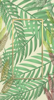 Tropical leaves on yellow pastel background. Exotic botanical design for cosmetics, spa, perfume, beauty salon, travel agency, florists, wedding invitation, cards. Mock up. 3D illustration
