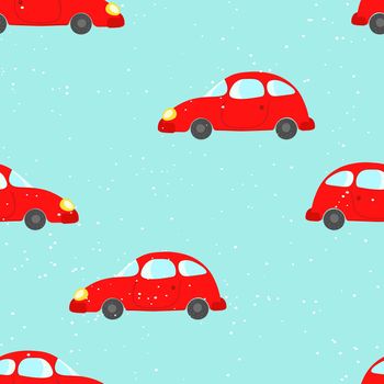 Seamless pattern with cute cars on blue background. Cartoot transport. Vector illustration. Doodle style. Design for baby print, invitation, poster, card, fabric, textile.