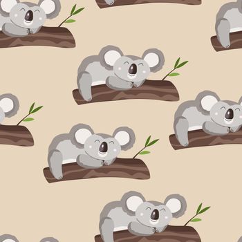 Seamless pattern with cute koala baby on color background. Funny australian animals. Card, postcards for kids. Flat vector illustration for fabric, textile, wallpaper, poster, gift wrapping paper