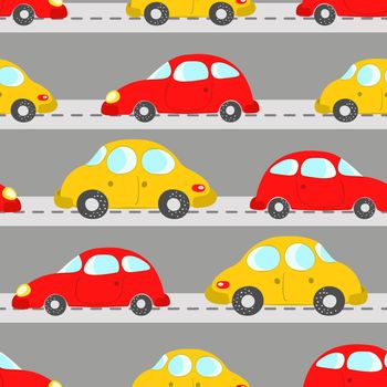 Seamless pattern with cute cars on blue background. Cartoot transport. Vector illustration. Doodle style. Design for baby print, invitation, poster, card, fabric, textile.