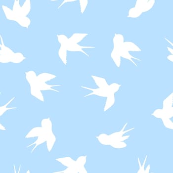 Seamless pattern with white swallow silhouette on blue background. Cute bird in flight. Vector illustration. Doodle style. Design for invitation, poster, card, fabric, textile.