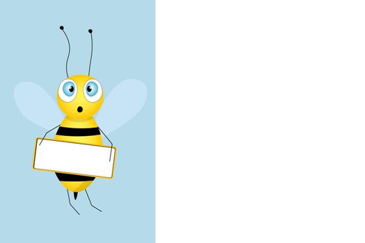 Cartoon cute bee mascot. Merry bee with an empty table. Small wasp. Vector character. Insect icon. Holiday template design for invitation, cards, wallpaper, school, kindergarten. Copy space