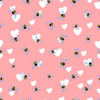 Seamless pattern with bees and hearts on color background. Small wasp. Vector illustration. Adorable cartoon character. Template design for invitation, cards, textile, fabric. Doodle style