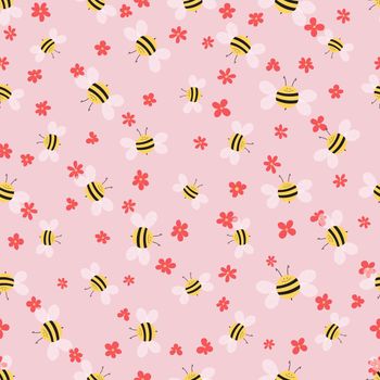 Seamless pattern with bees and flowers on color background. Adorable cartoon wasp characters. Template design for invitation, cards, textile, fabric. Doodle style. Vector stock illustration