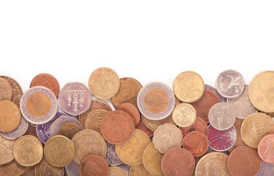 Coins of different countries on a white background