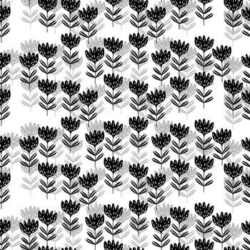 Seamless floral pattern based on traditional folk art ornaments. Black flowers on white background. Scandinavian style. Sweden nordic style. Vector illustration for fabric, textile, wallpaper