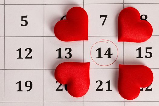 February 14 on the calendar, Valentine's day, red hearts on date