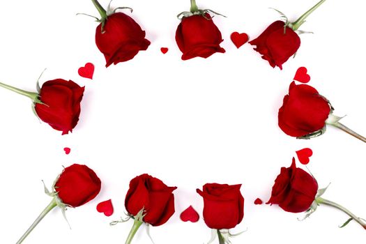 Frame made of red roses and hearts Valentines day background
