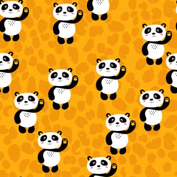 Seamless pattern with cute panda baby on color background. Funny asian animals. Card, postcards for kids. Flat vector illustration for fabric, textile, wallpaper, poster, gift wrapping paper