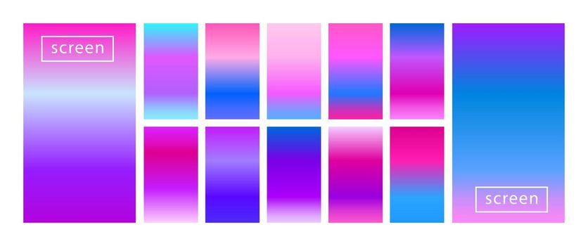 Collection of colorful backgrounds in trendy neon colors. Modern screen vector design for mobile app. Soft color abstract gradients. Swatches for design. Big set of pastel holographic gradients.